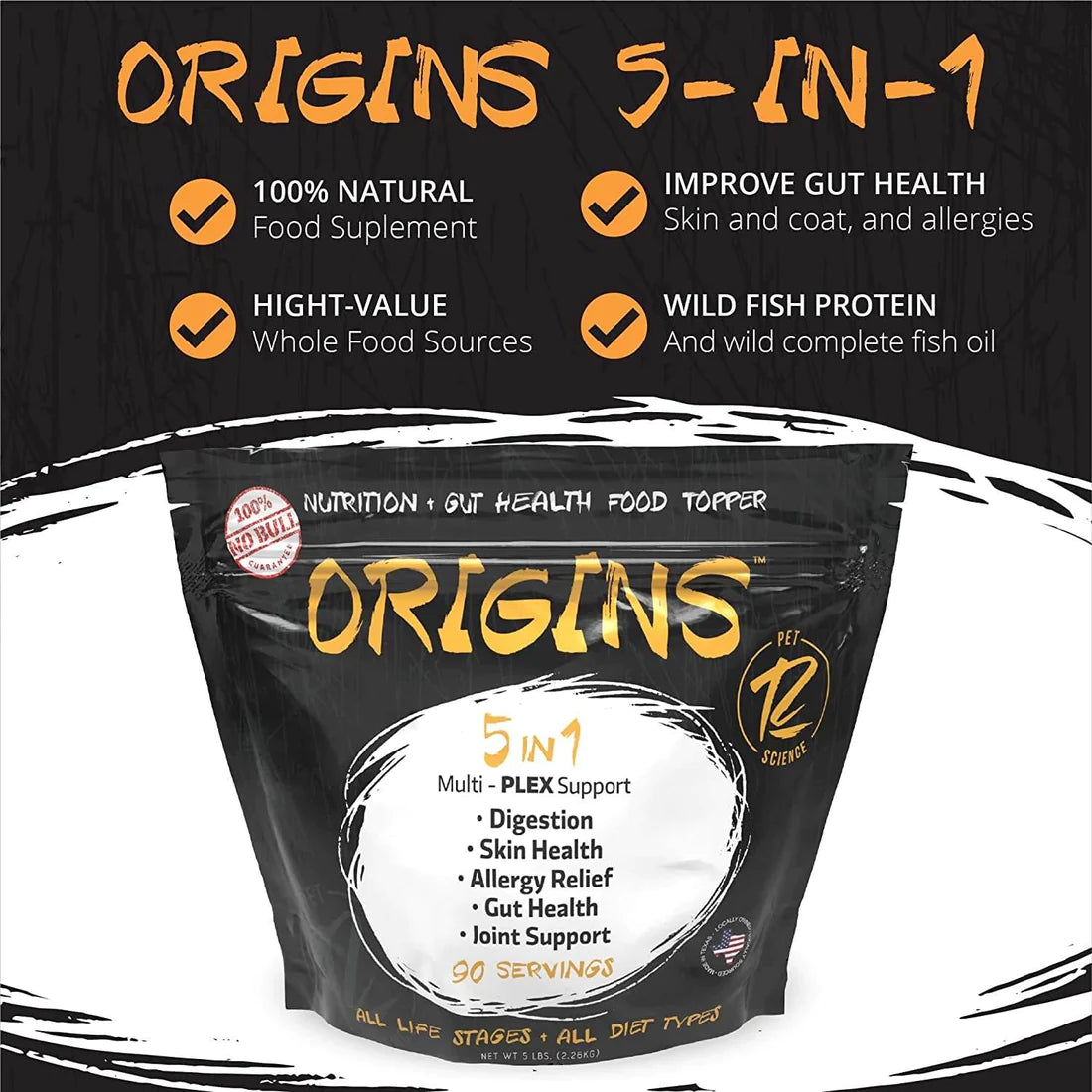 Origins 5-in-1 Dog Supplement, Powdered Food Topper for Active Dogs- Fish Flavor