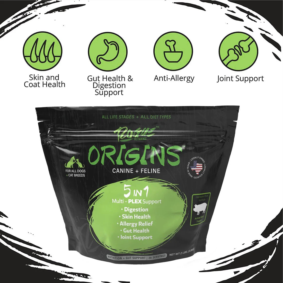 Origins 5-in-1 Dog Supplement, Powdered Food Topper for Active Dogs - Pork Flavor 2 LB