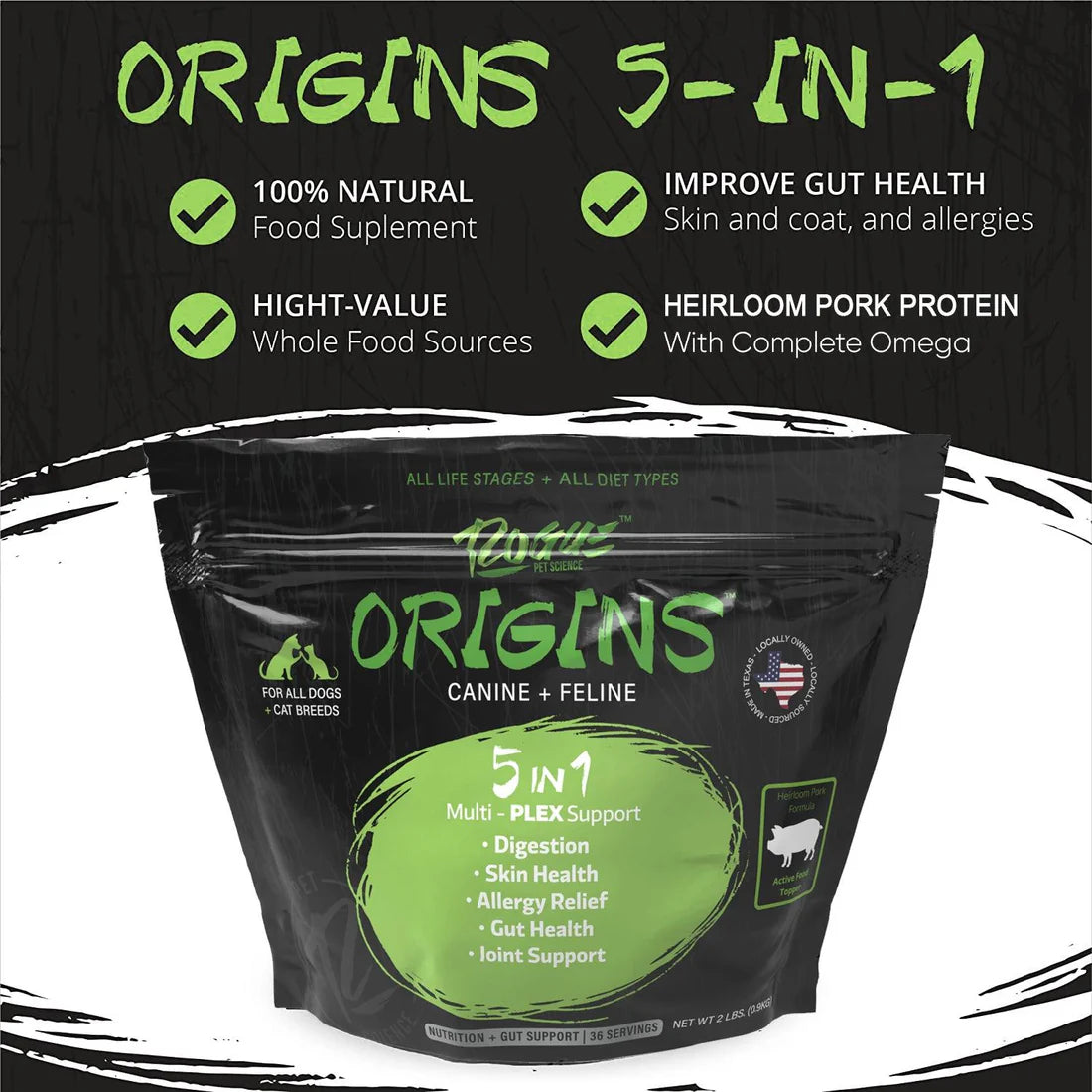 Origins 5-in-1 Dog Supplement, Powdered Food Topper for Active Dogs - Pork Flavor 2 LB